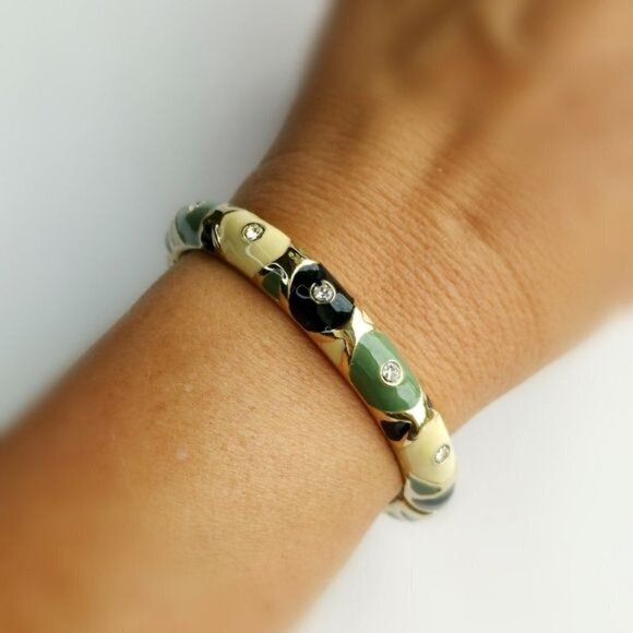 NEW Bamboo inspired green and cream enamel with crystals gold bangle bracelet - Picture 2 of 3